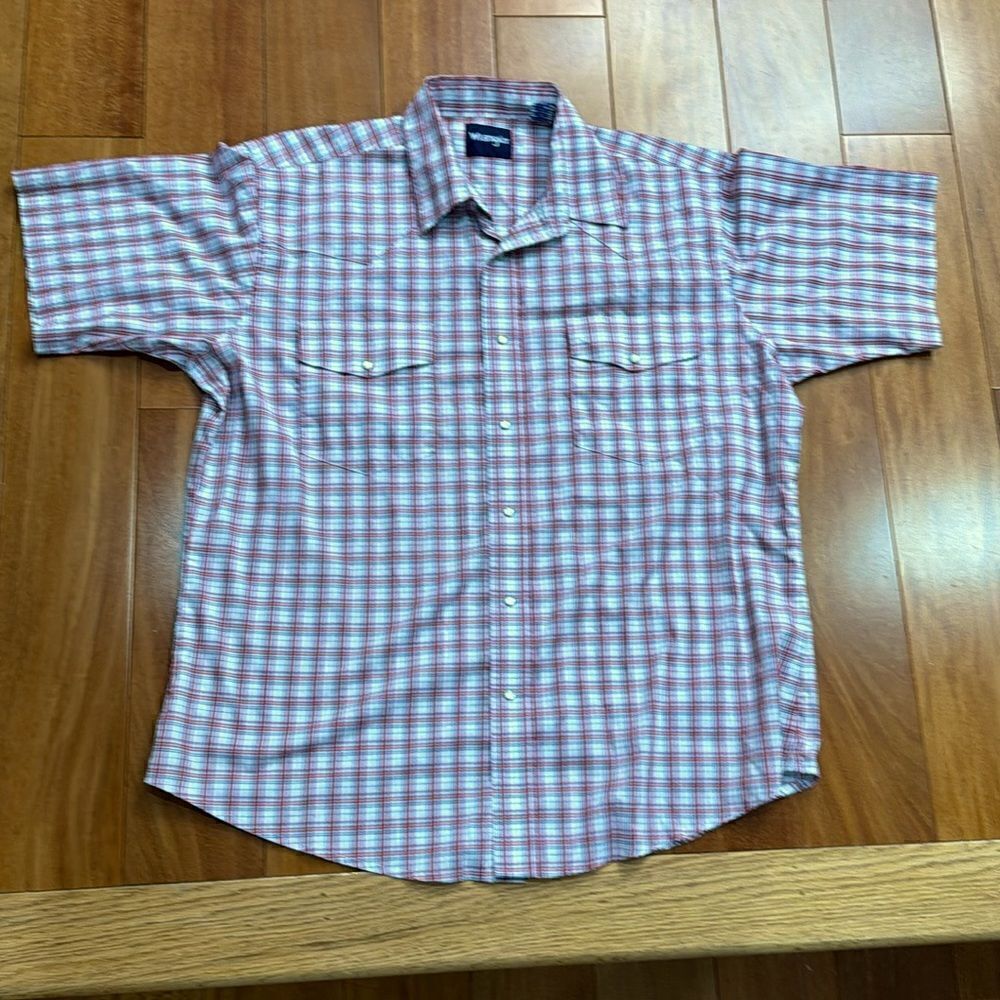 Wrangler Western Shirt Mens Red White Blue Plaid Pearl Snap XL